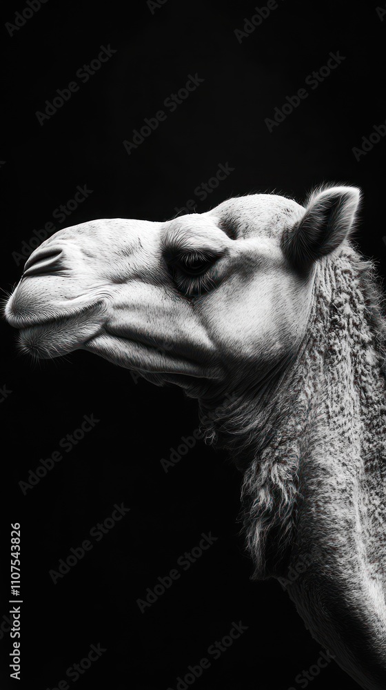 Poster a close-up profile of a camel in black and white, highlighting its features and textures.