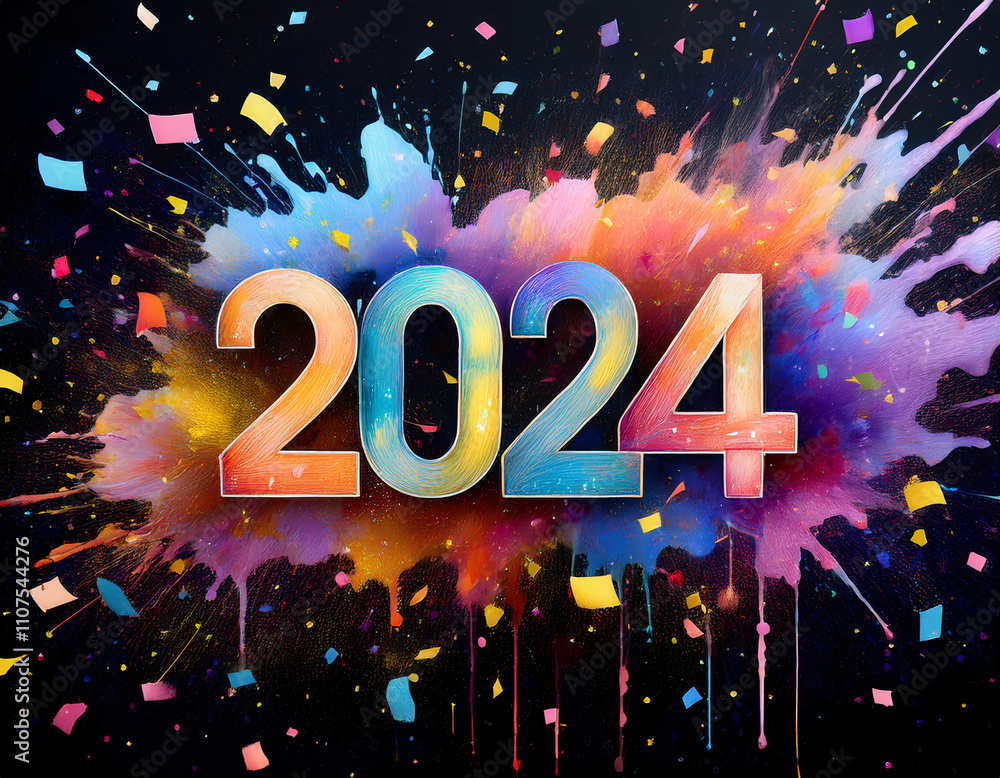 Poster colorful 2024 text with vibrant splashes and confetti on a dark background