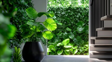 Fototapeta premium Tranquil Indoor Space with Lush Green Foliage and Modern Staircase in Bright Natural Light for a Serene Atmosphere