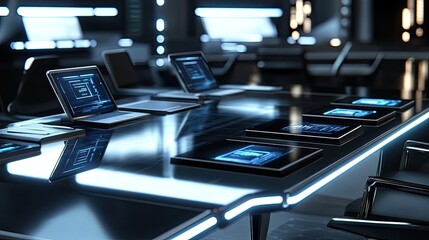 Fototapeta premium Sleek futuristic conference table with glowing screens displaying data. Laptops and tablets provide access to digital information. Modern technology in a contemporary setting.