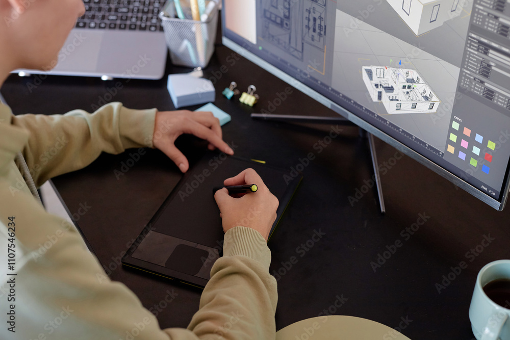 Leinwandbilder person creating architectural design on digital graphic tablet with screen showing building layout, 
