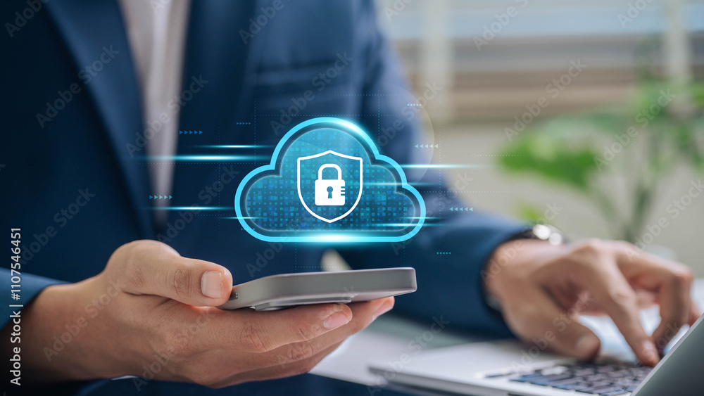 Leinwandbilder Cloud Computing and Mobile Data Security. Businessman using a smartphone with a secure cloud Encryption, Data Protection, and Online Connectivity for Enhanced Digital Privacy and Mobile Accessibility