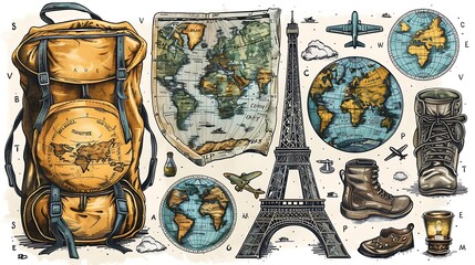 Vintage travel illustration with backpack, maps, Eiffel Tower, boots, globe, and airplane.