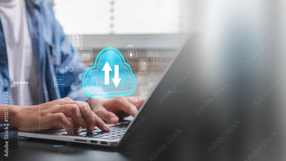 Leinwandbilder Cloud Computing for Data Synchronization. Person using laptop with Cloud Data Upload and Download, Depicting File Transfer and Secure Digital Connectivity Through Virtual Platforms, Data Management.
