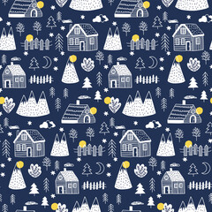 Scandinavian village winter doodle seamless vector pattern