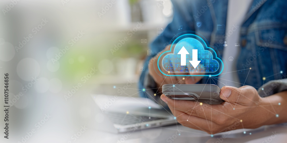 Fototapete Cloud Computing on Mobile. Visualizing Data Upload and Download Processes with Digital Synchronization, Secure File Transfer, and Scalable Storage Solutions for Modern Connectivity