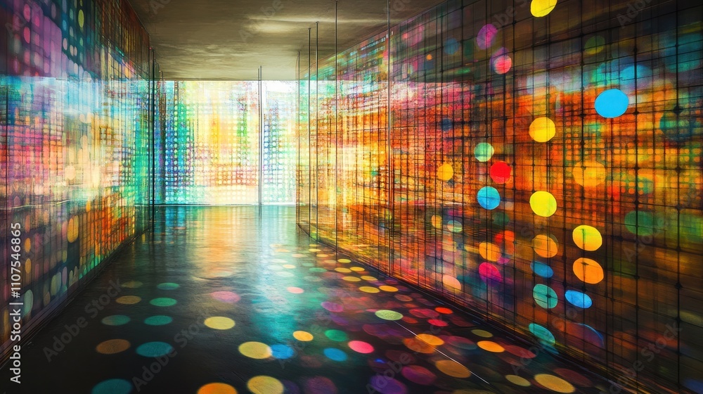 Poster a vibrant, illuminated corridor with colorful light patterns and reflections