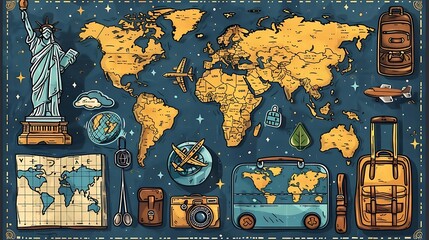 World map with travel icons, Statue of Liberty, luggage, compass, airplane, camera, passport.