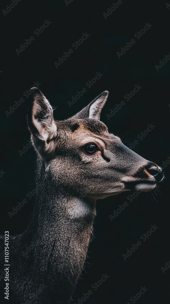 Poster a close-up profile of a deer against a dark background, showcasing its features.
