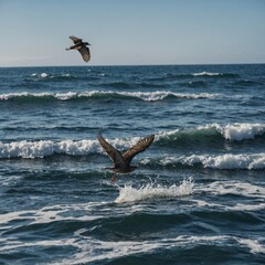 Fototapeta premium A bird flying across the ocean in search of a new home.