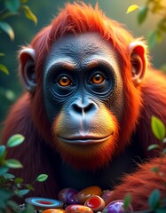 a very smooth orangutan face, red yellow green purple orange blue colors, lights and rays, colorful agate stones, falling green leaves, three-dimensional life