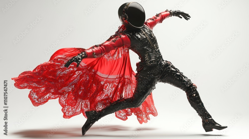 Aufkleber a figure in a futuristic outfit with a helmet and a flowing red cape, striking a dynamic pose.