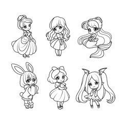 Adorable chibi girls with big eyes. Perfect black-and-white outline for coloring pages. Princess set.