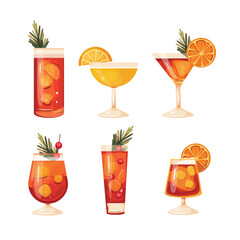 Set of six stylish cocktail illustrations featuring vibrant drinks garnished with orange slices, rosemary, and cherries. Perfect for bar menus, party invitations. Modern and vibrant vector art.