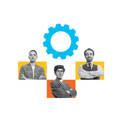 Diverse business team standing confidently under gear icon, symbolizing teamwork and efficient...