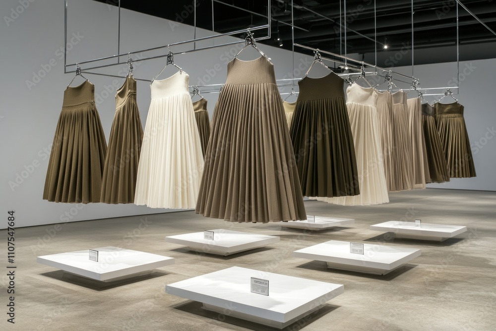 Aufkleber a display of elegantly arranged dresses in a minimalist gallery setting.