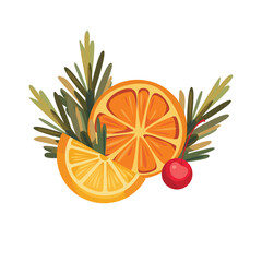 Christmas decoration objects. Oranges with Christmas tree bunch.
