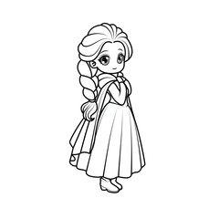 Adorable chibi princess with big eyes. Perfect black-and-white outline for coloring pages.