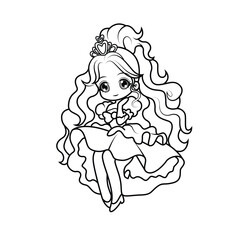 Adorable chibi princess with big eyes, long wavy hair adorned with a heart crown, and a graceful dress with ruffles. Perfect black-and-white outline for coloring pages.