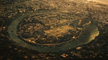 Aerial view of a city at sunset, showcasing a large, central park surrounded by a river and dense urban development. The warm hues of the setting sun bathe the scene in a golden light.