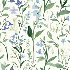 Fototapeta premium Floral pattern featuring various blue and green botanical elements on a light background for textile design