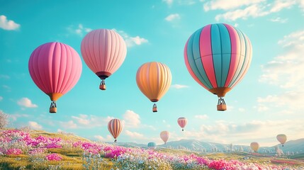Obraz premium Colorful hot air balloons soaring over a vibrant flower-filled landscape under a blue sky.