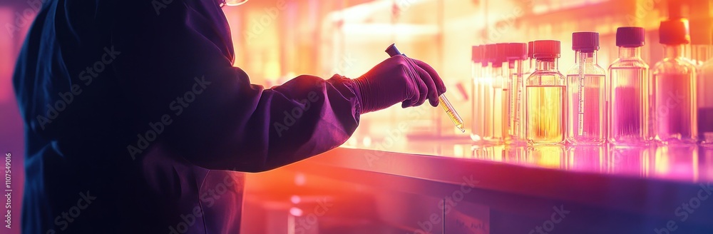 Poster A scientist using a pipette in a laboratory filled with glass vials.