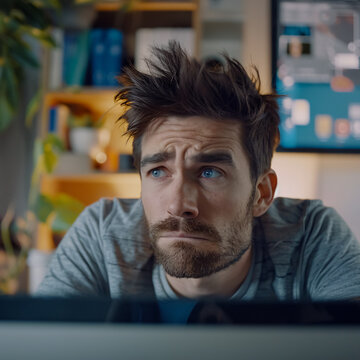 A portrait of a confused man looking at a computer screen, appearing puzzled as he tries to understand complex software or fix a PC issue, rendered in hyperrealistic 4K.