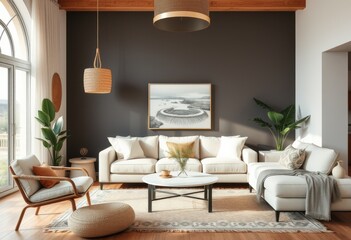 Fototapeta premium Elegant Modern Living Room Interior Design With Neutral Tones and Greenery