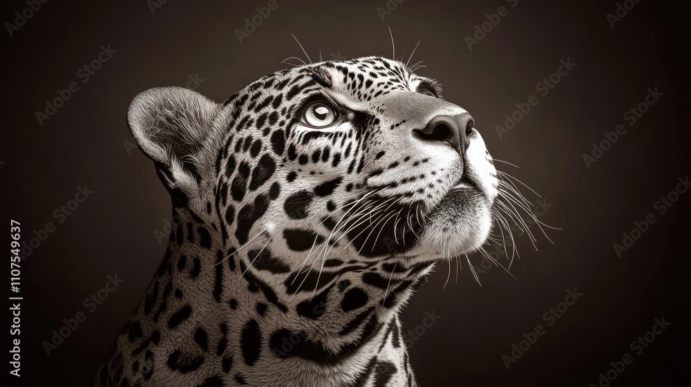 Poster a close-up portrait of a leopard gazing upwards, showcasing its distinctive spots and features.