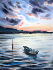 Original watercolor boat on the lake painting. Watercolor boat on the sunset lake. Watercolor landscape with a boat.