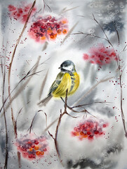 Watercolor tit bird painting. Tit bird on the rowan tree in winter. Watercolor bird. 