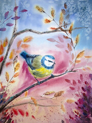 Hand-painted watercolor tit bird painting. Watercolor tit bird sitting on the branch surrounded by autumn foliage.