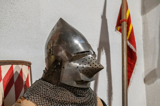 VYBORG, RUSSIA - NOVEMBER 24, 2024: Bascinet is the  knight's helmet  with a hundsgugel  visor close-up. The exhibit of the museum of the "Knight's House"