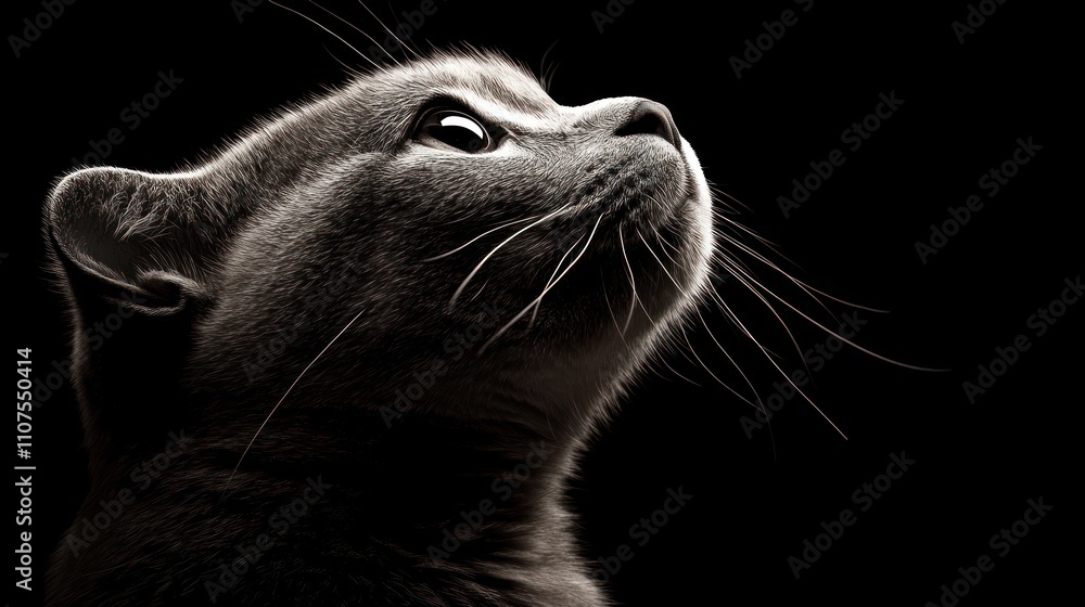 Poster a close-up profile of a cat against a dark background, highlighting its features and expression.