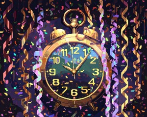 Fototapeta premium New Year's Eve Countdown: An old-fashioned alarm clock with gold accents stands amidst a flurry of colorful confetti and streamers, symbolizing the excitement and anticipation of a new beginning. 