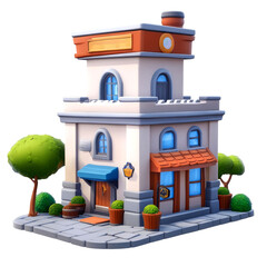 Obraz premium Cartoon police station building with trees.