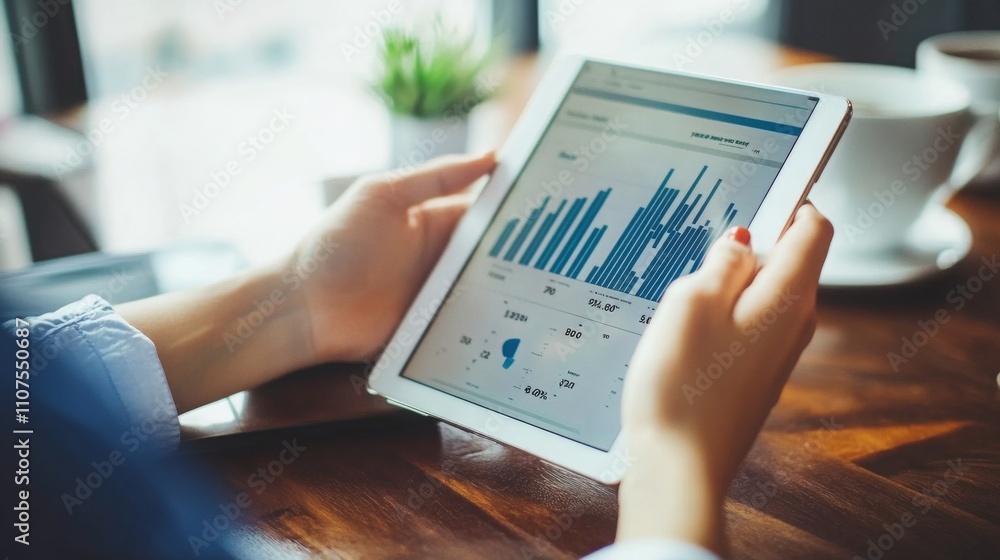 Aufkleber A woman holding a tablet concentrates on interpreting business statistics displayed on the screen. She sits at a wooden table in a bright cafe, surrounded by a warm atmosphere on a busy day.