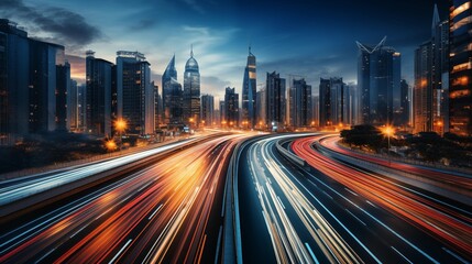Fototapeta premium The motion blur of a busy urban highway during the evening rush hour in city skyline serves as the background