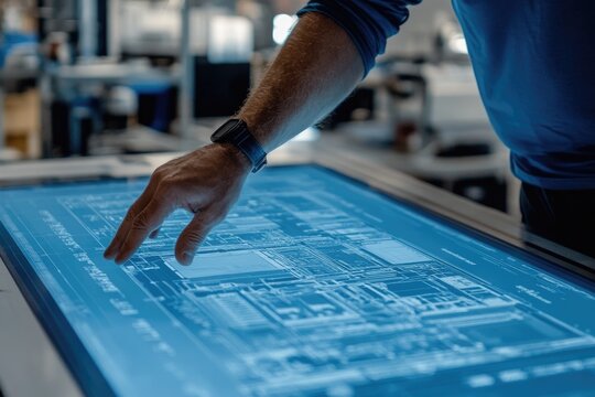 Industrial engineer working with interactive digital touchscreen table at a factory