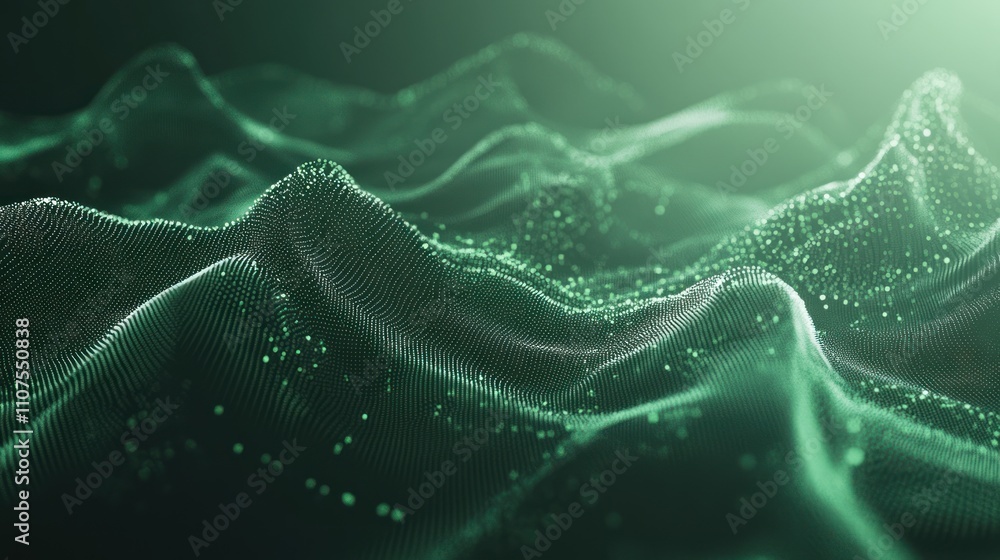 Poster abstract representation of flowing waves with glowing particles in a green hue.
