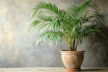 Fototapeta premium A single parlor palm plant in a gray planter stands out on a white background.