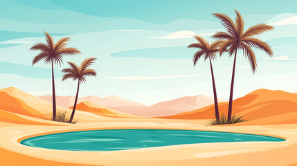 Obraz premium Landscape background serene desert oasis featuring small pool of water surrounded by palm trees and sandy dunes, evoking sense of tranquility and natural beauty