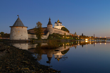 View of the Pskov Kremlin on an October evening. Pskov, Russia