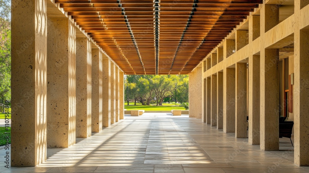 Poster a serene architectural corridor with natural light and views of greenery.
