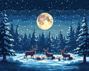 Winter Wonderland: Reindeer Family under the Full Moon 