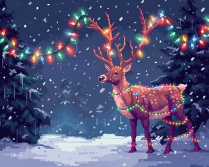 Reindeer Lights: Pixel Art Christmas Scene 