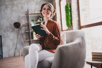 Photo of pretty young girl therapist session sit armchair wear brown silk shirt coworking...