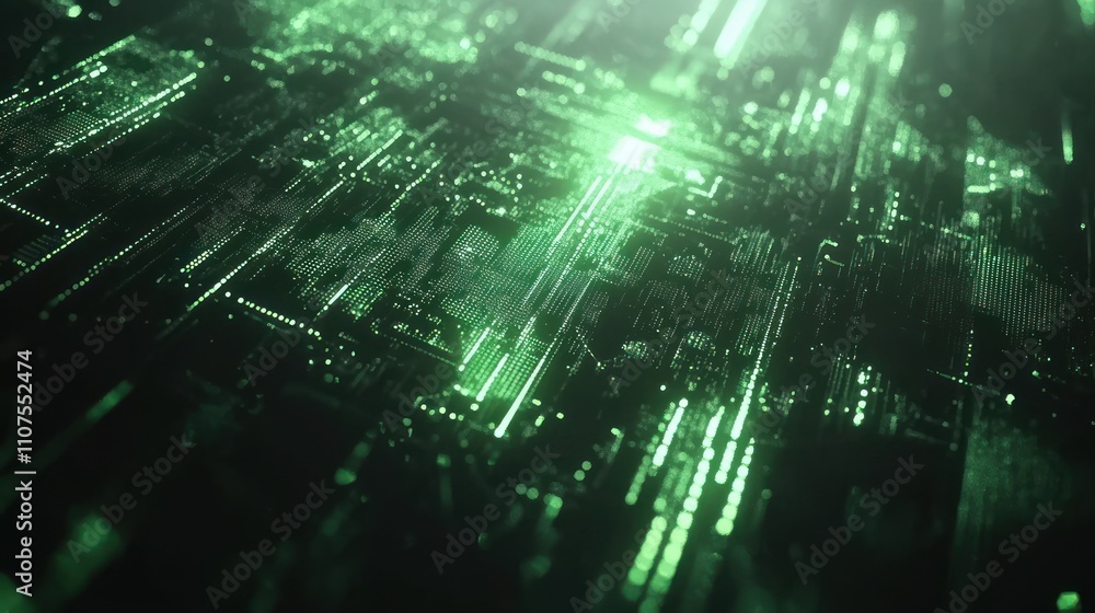 Leinwandbilder abstract digital landscape with glowing green circuitry and data patterns.