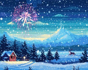 Winter Wonderland with Fireworks: A magical winter scene with a cozy cabin, snow-covered mountains, and a breathtaking firework display illuminating the sky.